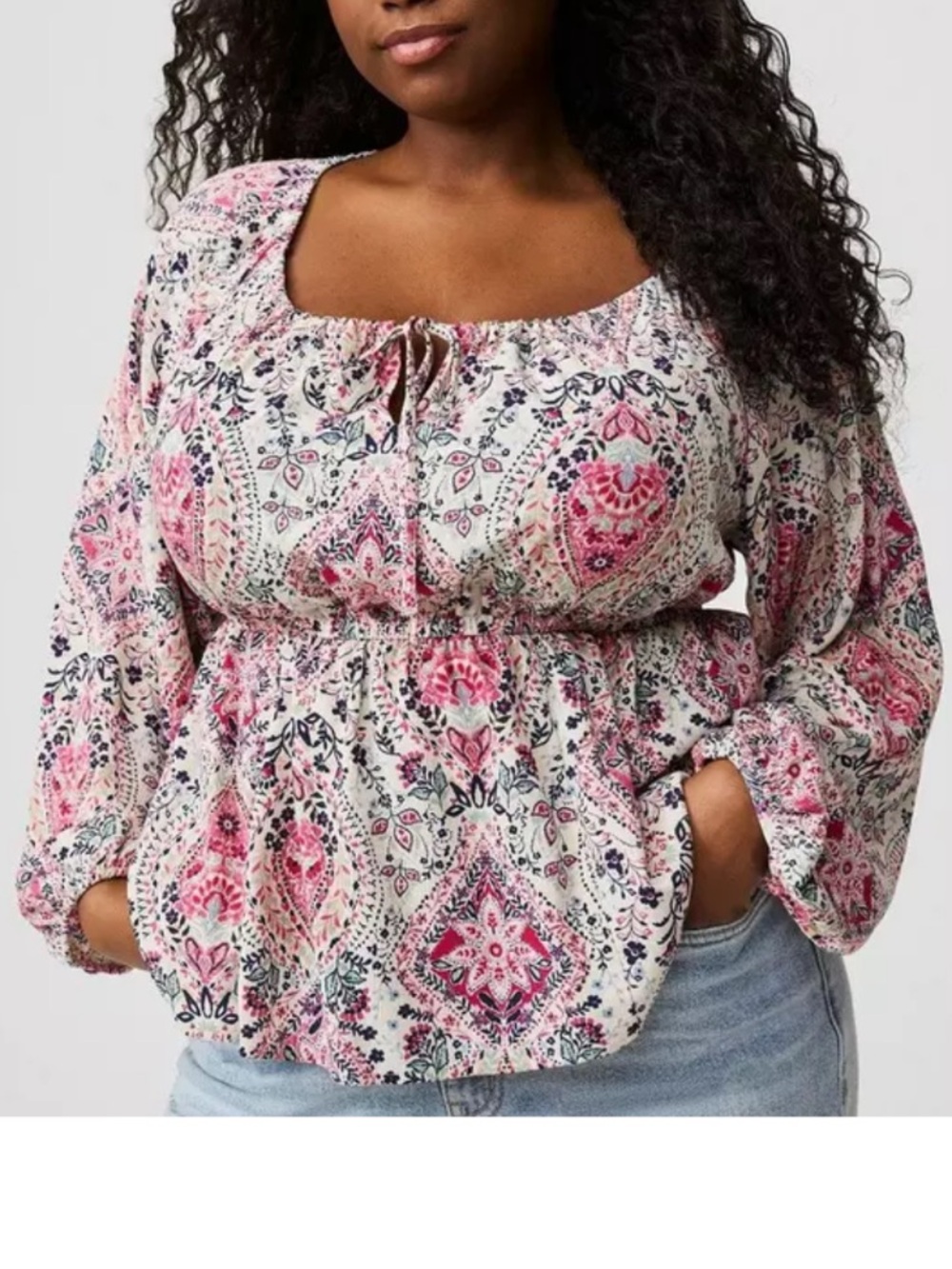 TORRID Pink Multi Floral Scoop-Neck Long-Sleeve Peasant Blouse